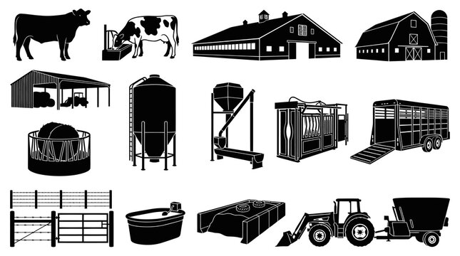 Farm Silo, Barn, Tractor, Cattle, Trailer Icons - Agriculture Black  White Glyph