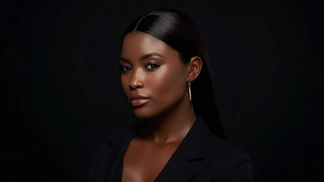 Elegant portrait of confident black woman with hoop earring poised serene closed eyes smooth skin