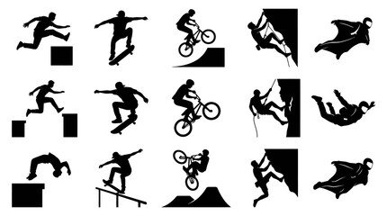 Naklejka premium Extreme Sports Silhouettes: Skateboarding, BMX, Climbing, Wingsuit Flying Vector Art