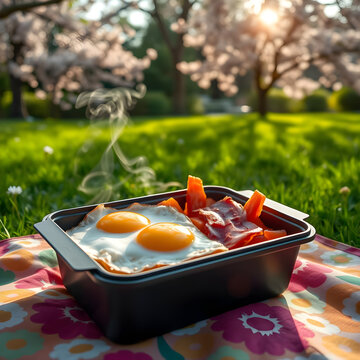 Bento humeante con huevo, tocino y zanahorias frescas