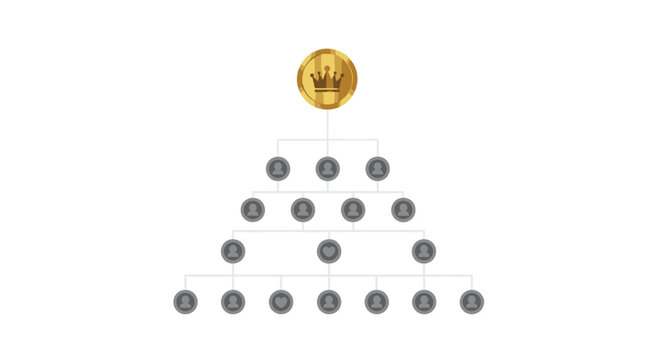 Hierarchical organizational structure displays a prestigious gold crown icon at the top of a tiered network of grey circular employee profile symbols.