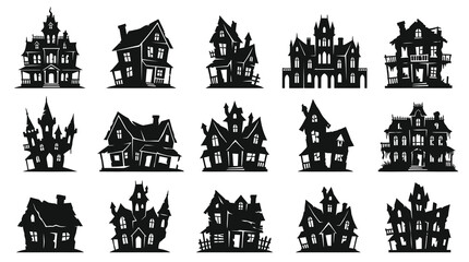 Obraz premium Spooky Haunted Houses Silhouette Vector Set for Halloween Decoration