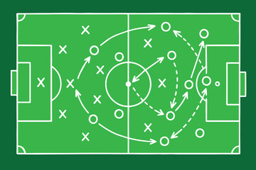 A soccer field styled green vector board filled with tactical diagrams, arrows, circles, and X symbols, representing strategic movements, teamwork coordination, and precise match planning. © primus