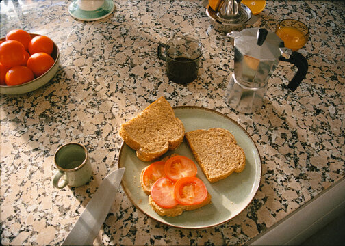 Close-up of a kitchen table with breakfast