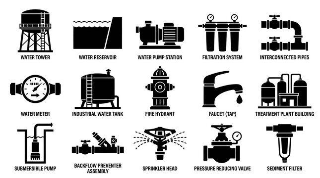 Water Supply  Treatment System Black Glyph Icons Set - Infrastructure  Utilities