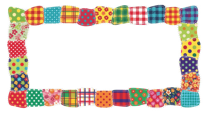 Colorful patchwork border frame with various patterns and textures