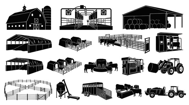Livestock Farm Icons: Barn, Tractor, Cattle, Shelter, Equipment, Silo, Fence