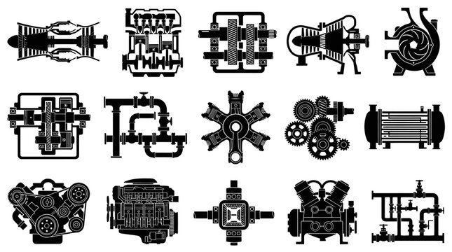Mechanical Engineering Icons Set: Industrial Engines, Pumps, Gears, and Piping System Technical Silhouettes