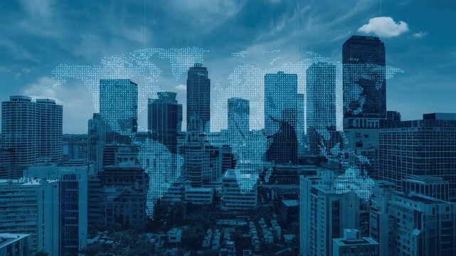 Digital city skyline with urban skyscraper architecture and dotted world map overlay conveying