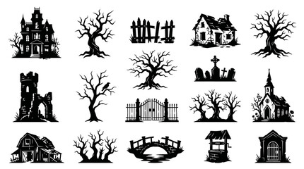 Fototapeta premium Halloween Spooky Elements Vector Silhouette Set with Creepy Buildings, Trees Graveyard Icons