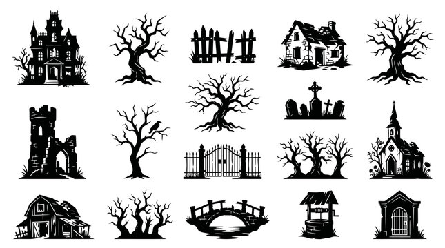 Halloween Spooky Elements Vector Silhouette Set with Creepy Buildings, Trees  Graveyard Icons