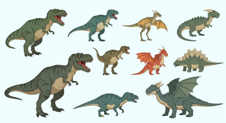Collection of diverse prehistoric dinosaurs and mythical dragons. © Anjani