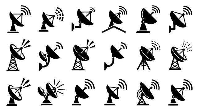 Black  White Technology Communication Satellite Dish Antenna Glyph Icons Set