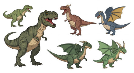 Collection of diverse fantasy dragons and prehistoric dinosaurs. © Anjani