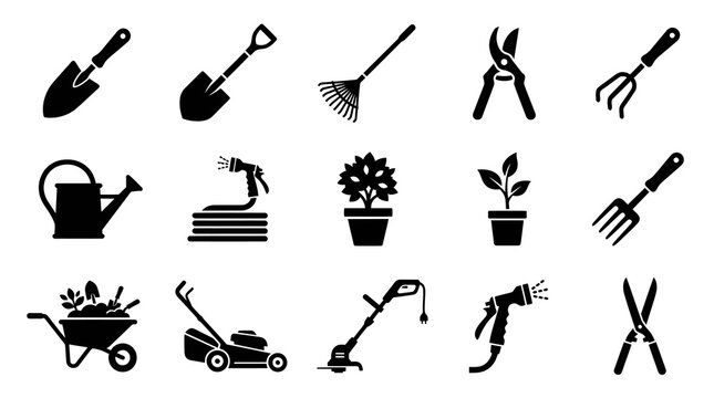 Black  White Glyph Icons of Gardening Tools and Plants