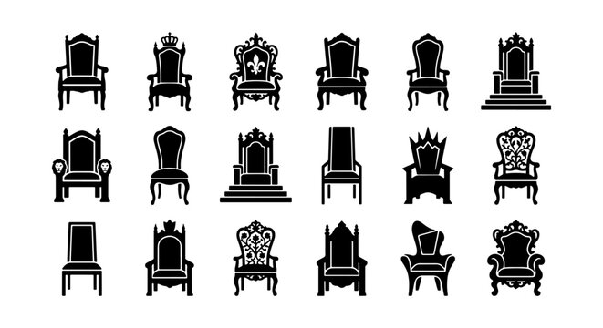 Royal Throne Icon Set, 18 Medieval King Chair Silhouettes, Ornate Empire Seating Vector