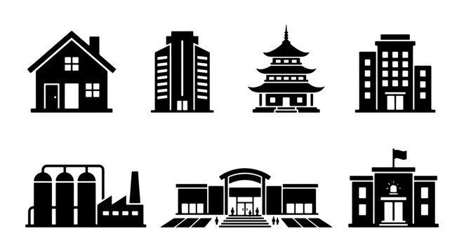 Minimalist building icons set, black architectural silhouettes, 7 vector city elements