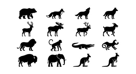 Wild animal silhouettes, 16 black fauna icons, forest and safari wildlife vector set © Kazi