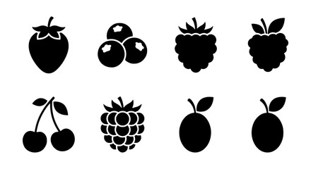Minimalist berry icon set, black fruit silhouettes, 8 organic food vector elements © Kazi