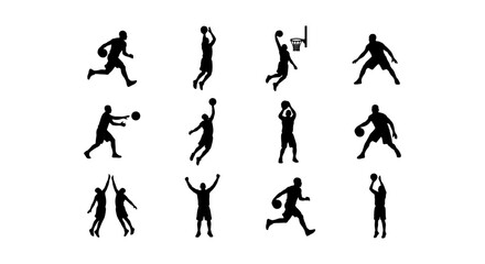 Basketball player silhouettes set, 12 athlete icons, sports action vector graphics © Kazi