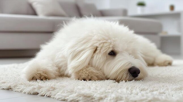 Cozy white dog resting peacefully on a fluffy rug in a modern living room conveying comfort relaxation and the joys of pet ownership at home
