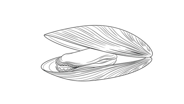 Detailed hand-drawn black and white line art illustration of an open mussel shell with the bivalve inside, representing marine life and seafood.