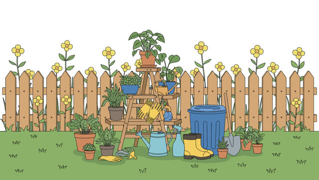Charming garden scene illustration featuring a wooden fence adorned with yellow flowers, gardening tools, potted plants, and a compost bin.