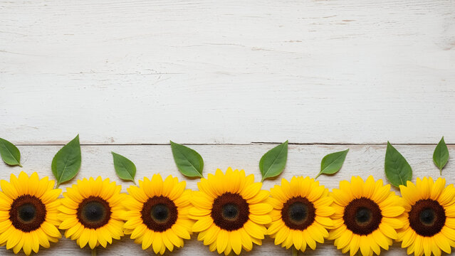 Sunflowers aligned on wooden surface