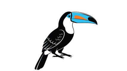 Obraz premium Vibrant cartoon illustration of a toucan with black plumage, a white chest, and a large, colorful orange and blue beak, standing gracefully.