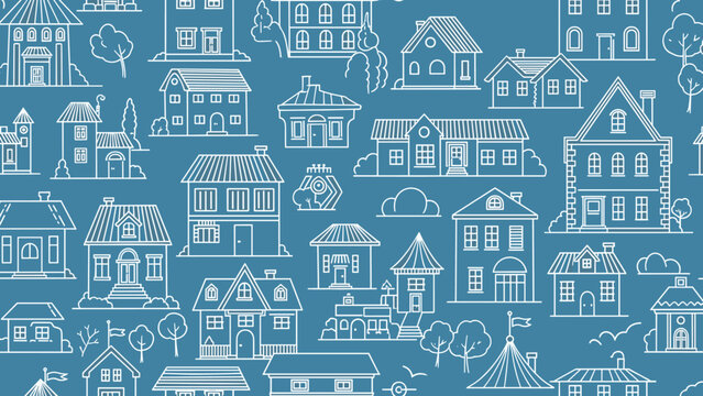 Seamless pattern depicting a charming neighborhood of various outlined houses and trees in a whimsical, doodle style, all against a solid blue background.