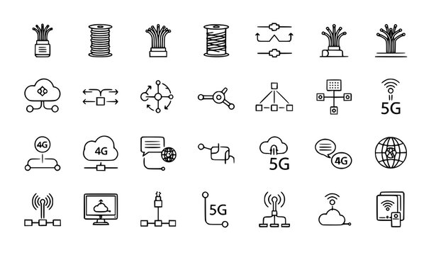 Optical fiber and network icons set &ndash; 4G 5G internet connection vector