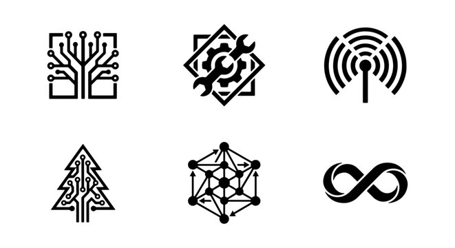 Modern technology logo set, 6 black vector icons, digital circuit and network symbols