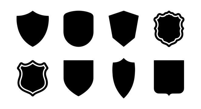 Heraldic shield icons set, black crest silhouettes, 8 vector security badge shapes