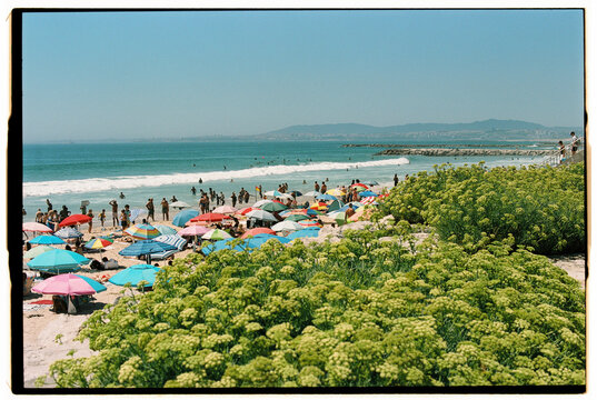 Crowded summer beach with colorful umbrellas and blue ocean
