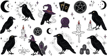 Obraz premium Mystical raven and witchcraft elements vector set with black crows, candles, moon phases, crystals, pentagram and gothic occult magic symbols