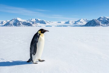 Obraz premium A majestic emperor penguin walks alone across a pristine white snowfield toward distant mountains