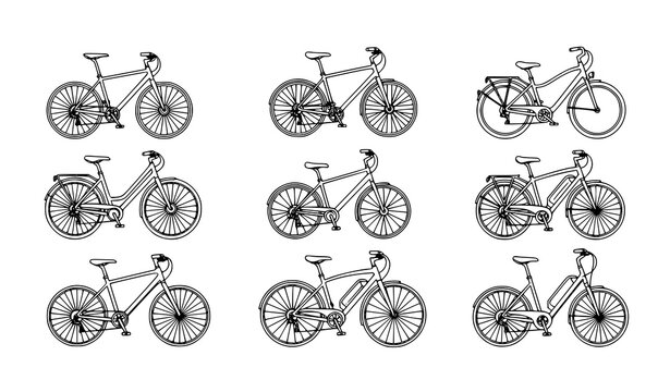 Monochrome bicycle set &ndash; sport, city and electric bikes vector collection