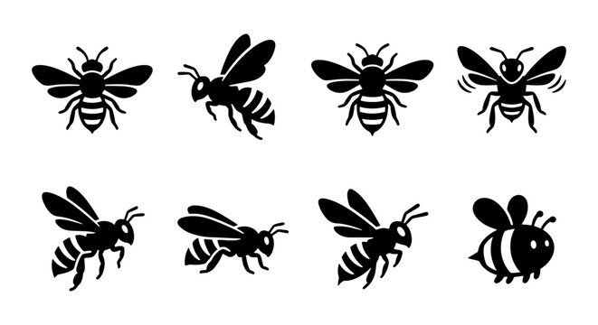 Honey bee icon set, black bumblebee silhouettes, 8 insect vector illustrations