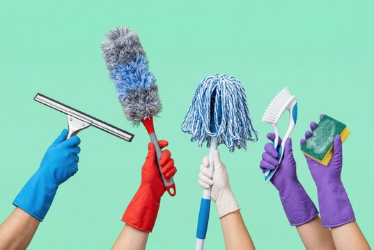 Multiple hands wearing colorful rubber gloves hold various cleaning tools against a green wall