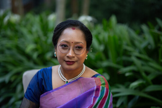 Indian woman wioth traditional sari dress at outdoors