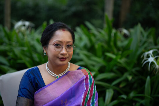 Indian woman wioth traditional sari dress at outdoors