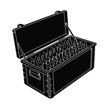 Military ammunition supply crate full of shells isolated on white surface