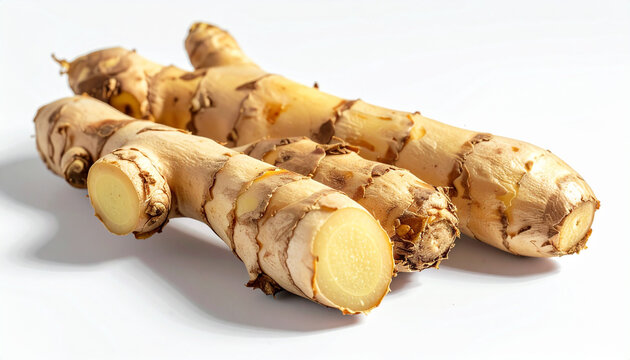 Fresh turmeric root close up of organic rhizomes against a white backdrop