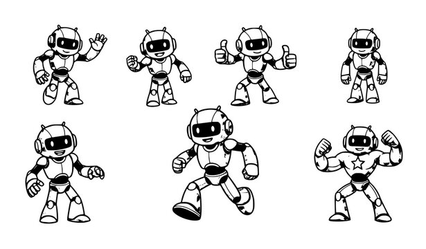 A set of seven cartoon robots in various poses and gestures