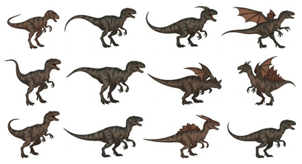 Collection of various dinosaur illustrations on white background. © Bahtra