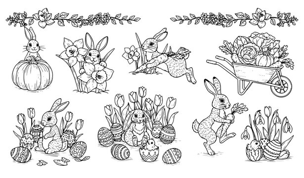 A black and white illustration of Easter bunnies and spring flowers