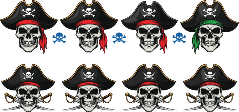 Pirate skull mascot collection featuring captain hats, crossed swords, and bold cartoon skeleton designs for gaming, emblem, and vector illustration