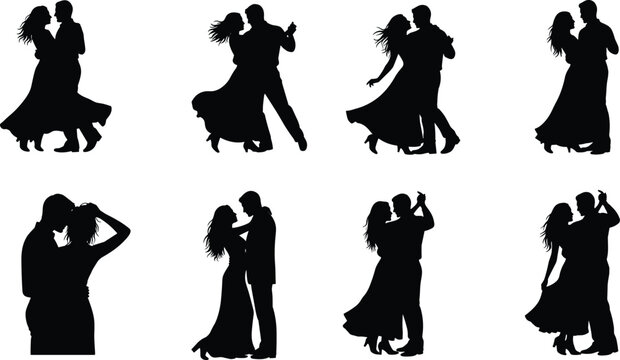 Romantic dancing couple silhouettes set, elegant love poses collection, wedding dance partners, hugging kissing pairs, black isolated figures, romance relationship concept, stylish illustration