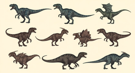 Collection of diverse dinosaur illustrations in various poses. © Bahtra