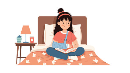 Fototapeta premium Cozy illustration of a young girl with an arm in a cast, comfortably reading a book in bed with a nightstand lamp and plant nearby, depicting recovery and relaxation.